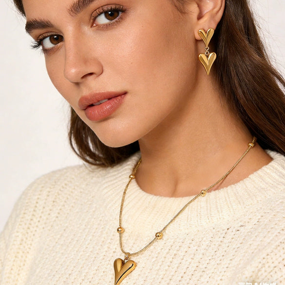 Wholesale Stainless Steel Electroplated Love Heart Necklace And Earrings Set For Women Simple Style Accessories