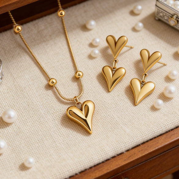 Wholesale Stainless Steel Electroplated Love Heart Necklace And Earrings Set For Women Simple Style Accessories