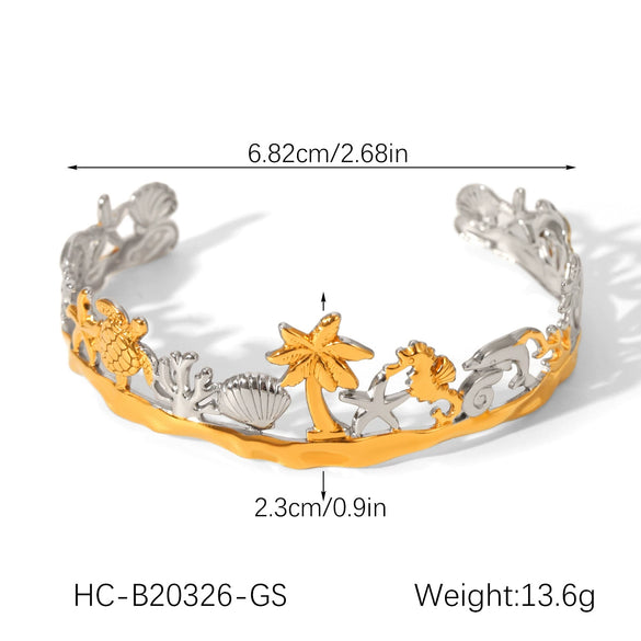 Wholesale Stainless Steel Electroplated Marine Life And Coconut Tree Open Bracelet Jewelry