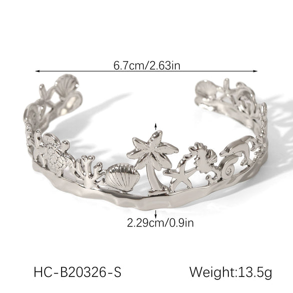 Wholesale Stainless Steel Electroplated Marine Life And Coconut Tree Open Bracelet Jewelry