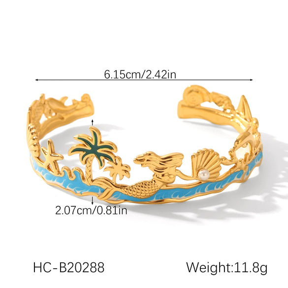 Wholesale Stainless Steel Electroplated Marine Life And Coconut Tree Open Bracelet Jewelry