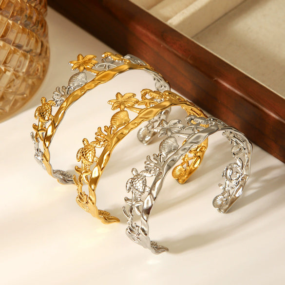 Wholesale Stainless Steel Electroplated Marine Life And Coconut Tree Open Bracelet Jewelry