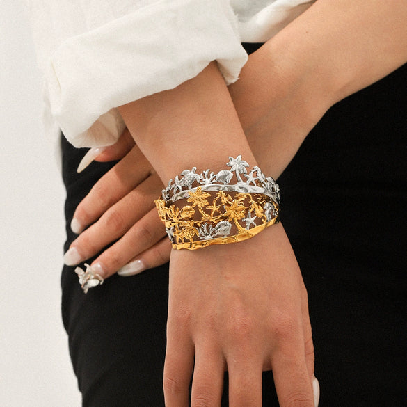 Wholesale Stainless Steel Electroplated Marine Life And Coconut Tree Open Bracelet Jewelry