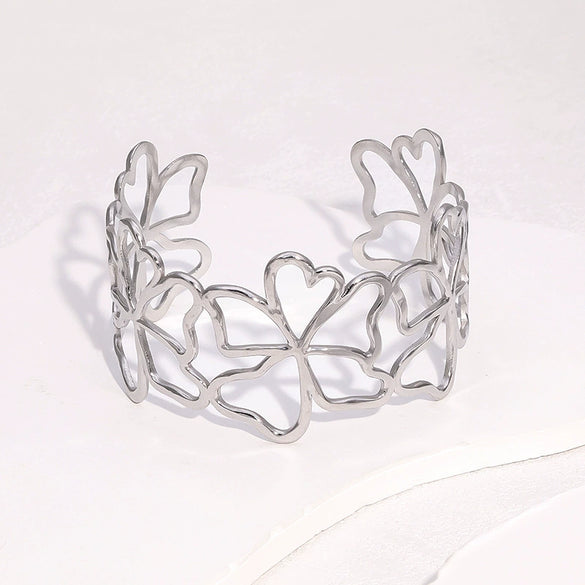 Wholesale Stainless Steel Electroplated Open Bracelet With Hollow Flower Design Simple Style Accessories