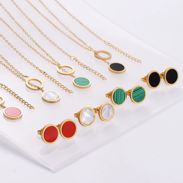 Wholesale Stainless Steel Electroplated Plant Flowers Pattern Round Stud Earrings Bracelet Necklace Threepiece Set For Women