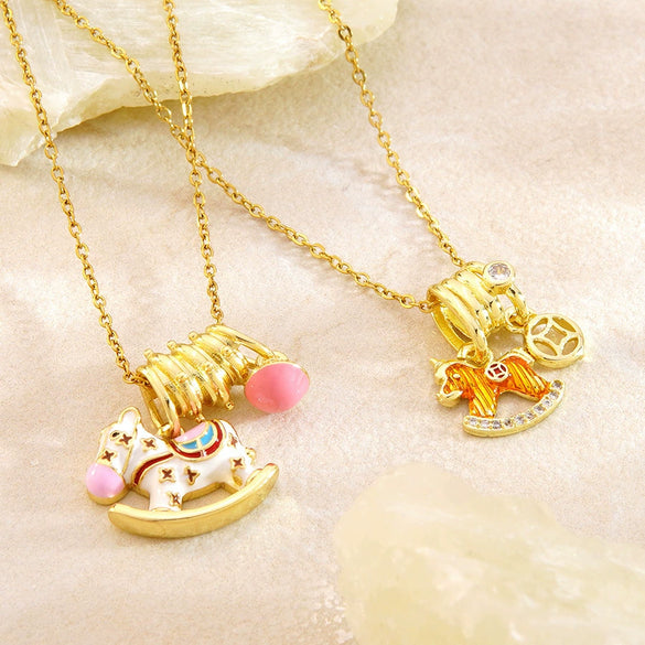 Wholesale Stainless Steel Electroplated Pony And Zodiac Animal Diamondencrusted Pendant Necklace For Women With Oshaped Chain