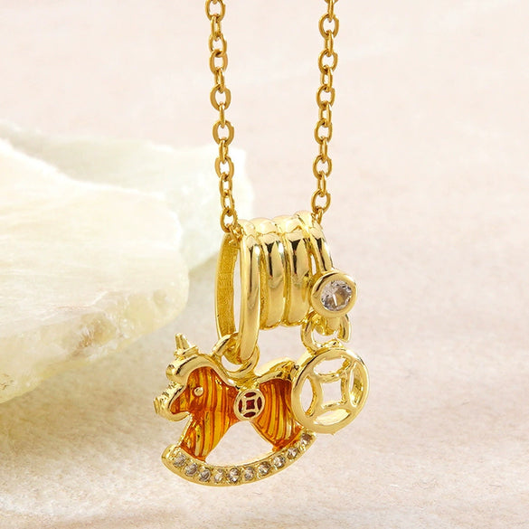 Wholesale Stainless Steel Electroplated Pony And Zodiac Animal Diamondencrusted Pendant Necklace For Women With Oshaped Chain