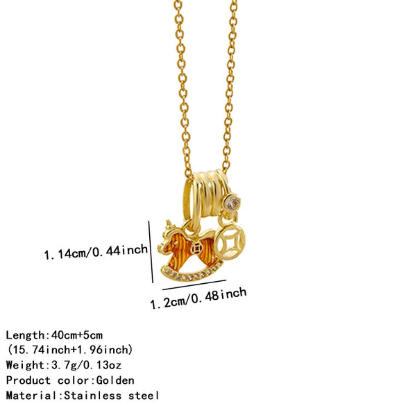 Wholesale Stainless Steel Electroplated Pony And Zodiac Animal Diamondencrusted Pendant Necklace For Women With Oshaped Chain