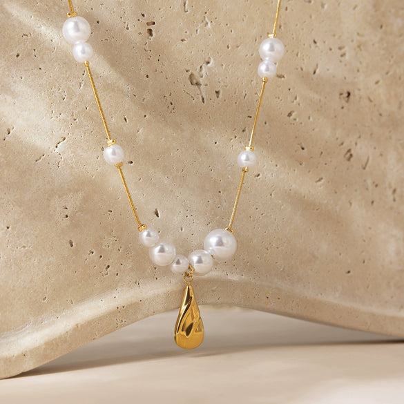 Wholesale Stainless Steel Electroplated Round Beads Water Drop Pendant Necklace For Women