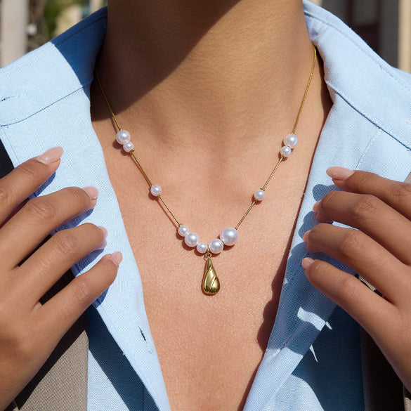 Wholesale Stainless Steel Electroplated Round Beads Water Drop Pendant Necklace For Women