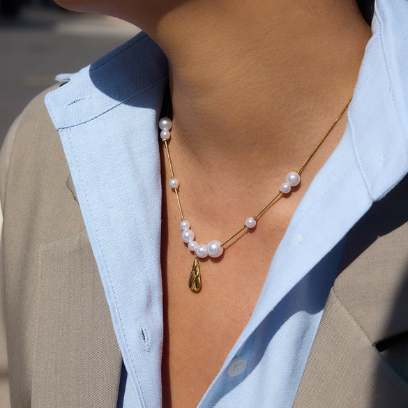 Wholesale Stainless Steel Electroplated Round Beads Water Drop Pendant Necklace For Women