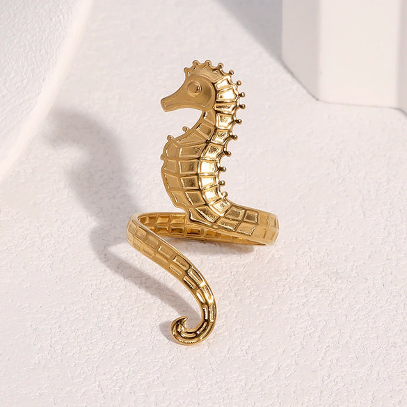 Wholesale Stainless Steel Electroplated Seahorse Open Ring For Women Simple Animal Style Jewelry