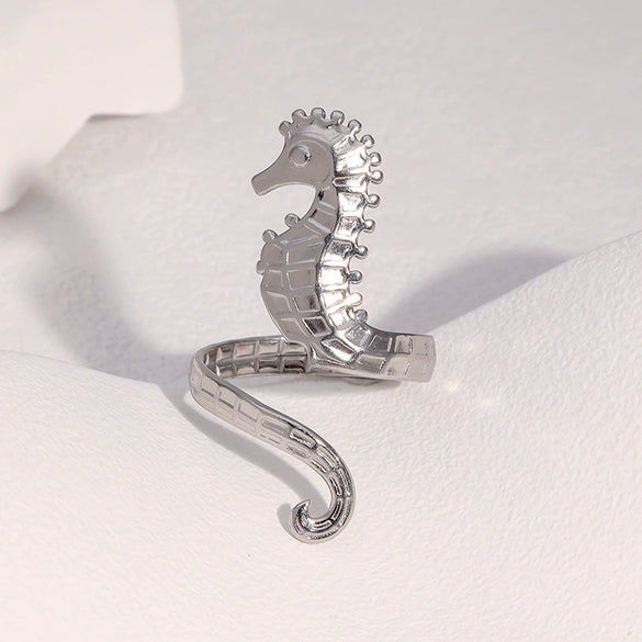 Wholesale Stainless Steel Electroplated Seahorse Open Ring For Women Simple Animal Style Jewelry