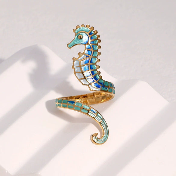 Wholesale Stainless Steel Electroplated Seahorse Open Ring For Women Simple Animal Style Jewelry