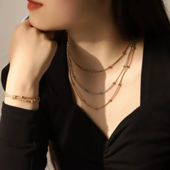 Wholesale Stainless Steel Electroplated Snake Bone Chain Multilayer Beaded Necklace And Bracelet For Women