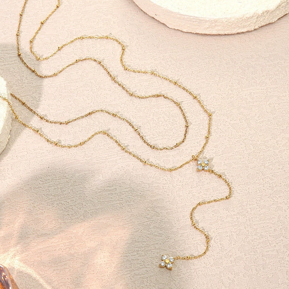 Wholesale Stainless Steel Electroplated Tassel Zircon Doublelayer Flower Necklace For Women