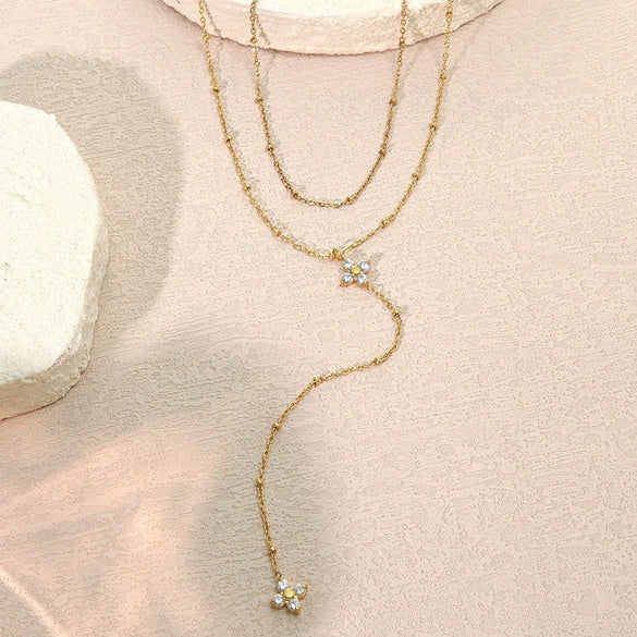 Wholesale Stainless Steel Electroplated Tassel Zircon Doublelayer Flower Necklace For Women
