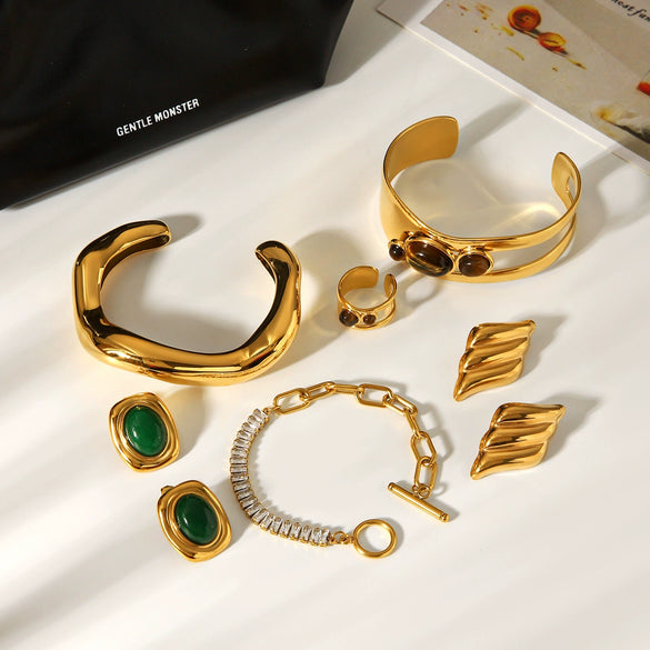 Wholesale Stainless Steel Electroplated Tiger Eye Zircon Cross Jewelry Bracelet And Earrings In Ins Geometric Style