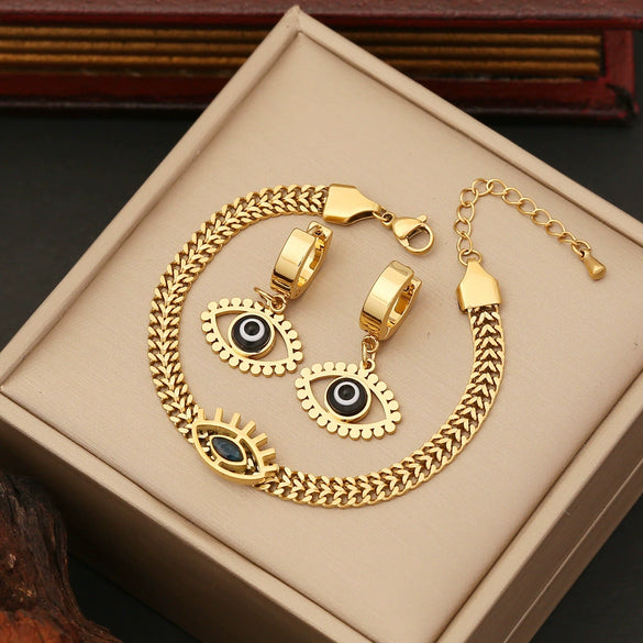 Wholesale Stainless Steel Eye Pendant Necklace With Cuban Chain Electroplated Jewelry Set
