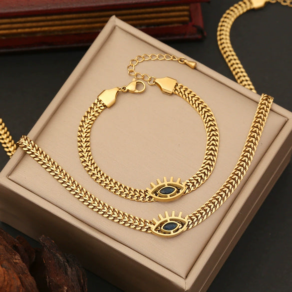 Wholesale Stainless Steel Eye Pendant Necklace With Cuban Chain Electroplated Jewelry Set