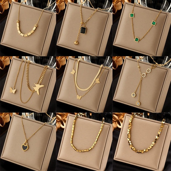 Wholesale Stainless Steel Fashion Creative Butterfly Heart Square Pendant Necklace With Asymmetrical Tassel Chain And Electroplating Treatment For Women