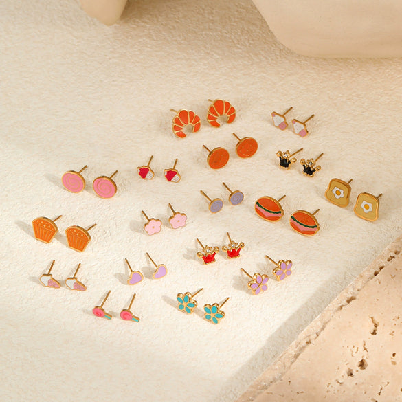 Wholesale Stainless Steel Fashion Earrings With Geometric Fruit And Heart Shapes And Oildropping Design