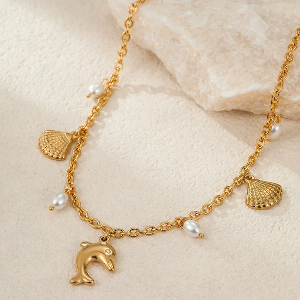 Wholesale Stainless Steel Fashion Geometric Pattern Ocean Wind Shell Starfish Necklace For Women With Electroplating