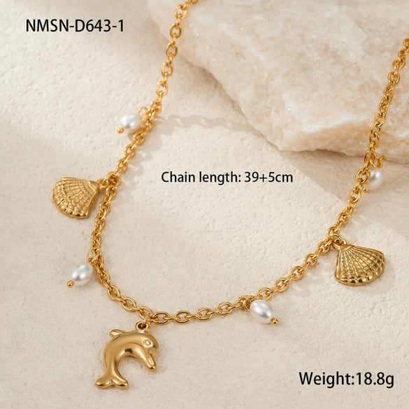 Wholesale Stainless Steel Fashion Geometric Pattern Ocean Wind Shell Starfish Necklace For Women With Electroplating