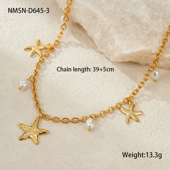 Wholesale Stainless Steel Fashion Geometric Pattern Ocean Wind Shell Starfish Necklace For Women With Electroplating