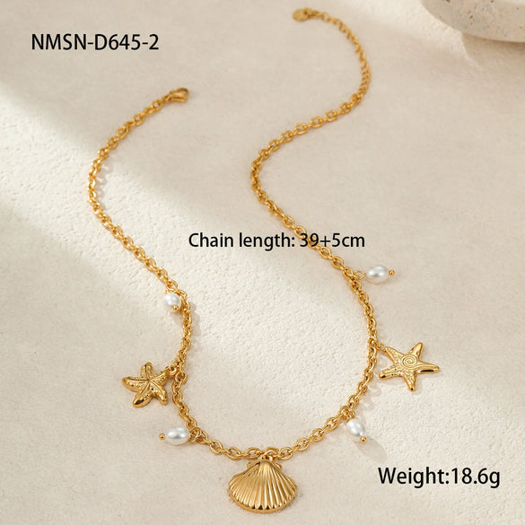 Wholesale Stainless Steel Fashion Geometric Pattern Ocean Wind Shell Starfish Necklace For Women With Electroplating