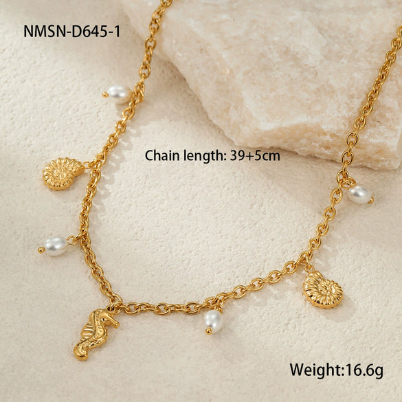 Wholesale Stainless Steel Fashion Geometric Pattern Ocean Wind Shell Starfish Necklace For Women With Electroplating