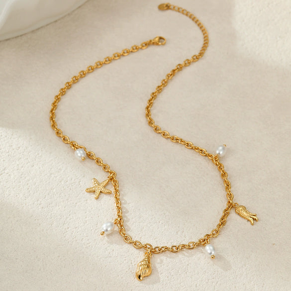 Wholesale Stainless Steel Fashion Geometric Pattern Ocean Wind Shell Starfish Necklace For Women With Electroplating