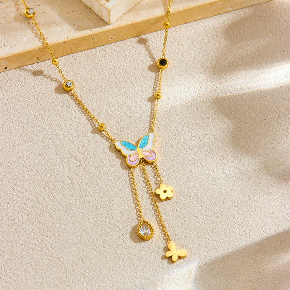 Wholesale Stainless Steel Fashion Insect Shaped Drop Pendant Collarbone Necklace With Electroplating And O Word Chain