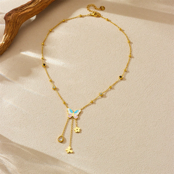 Wholesale Stainless Steel Fashion Insect Shaped Drop Pendant Collarbone Necklace With Electroplating And O Word Chain