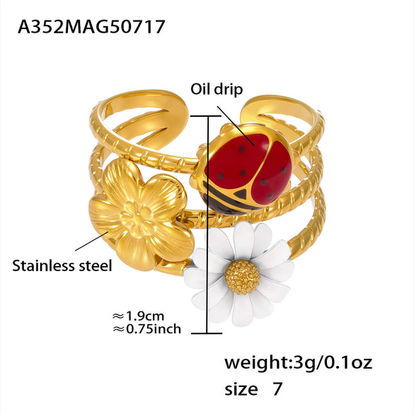 Wholesale 316L Stainless Steel Fashion Jewelry Ring With Oil Drop Zircon Daisy Ladybug Fruit Geometric Animal Zodiac Design And Electroplating Processing