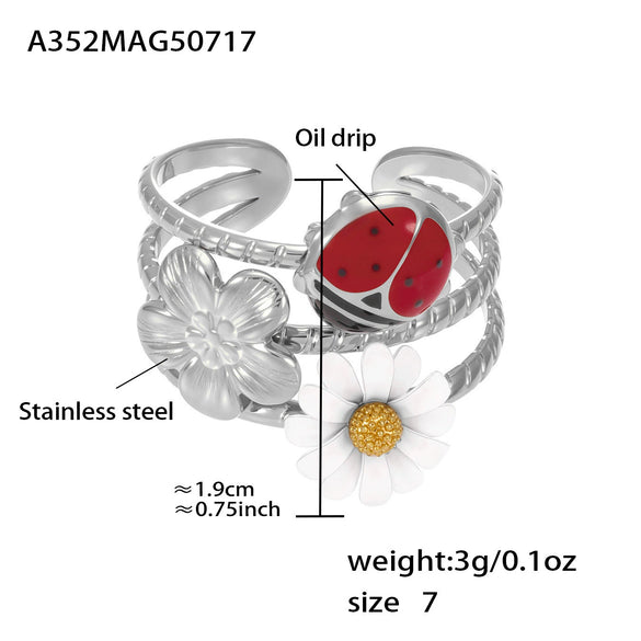 Wholesale 316L Stainless Steel Fashion Jewelry Ring With Oil Drop Zircon Daisy Ladybug Fruit Geometric Animal Zodiac Design And Electroplating Processing