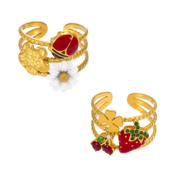 Wholesale 316L Stainless Steel Fashion Jewelry Ring With Oil Drop Zircon Daisy Ladybug Fruit Geometric Animal Zodiac Design And Electroplating Processing