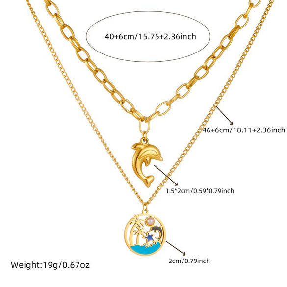 Wholesale Stainless Steel Fashion Ocean Style Double Layer Stacked Dolphin Coconut Tree Star Pendant Earrings And Necklace Set With Electroplating