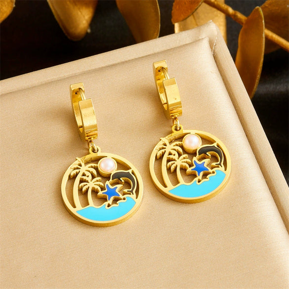 Wholesale Stainless Steel Fashion Ocean Style Double Layer Stacked Dolphin Coconut Tree Star Pendant Earrings And Necklace Set With Electroplating