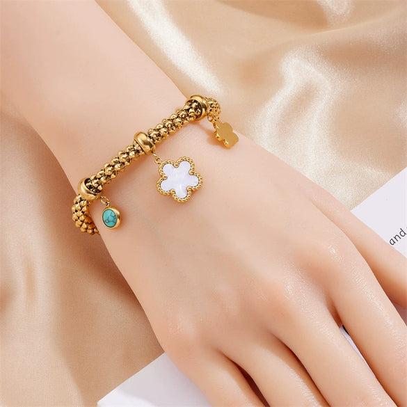Wholesale Stainless Steel Fashion Retro Gold Plated Flower Moon Star Turquoise Accessories Pendant Chain Bracelet For Women