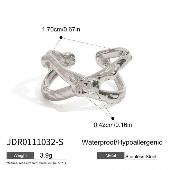 Wholesale Stainless Steel Fashion Ring With Geometric Hammer Pattern Hollow Design Adjustable Opening Electroplating Finish