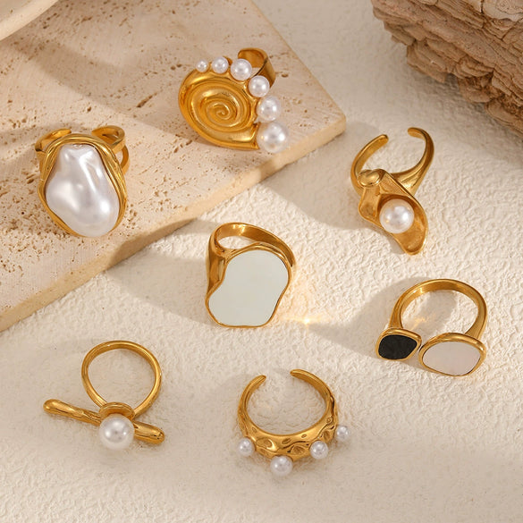 Wholesale Stainless Steel Female Geometric Style Ring And Bracelet With Imitation Pearl And 18K Goldplated Electroplating