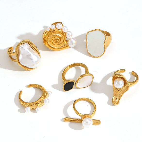 Wholesale Stainless Steel Female Geometric Style Ring And Bracelet With Imitation Pearl And 18K Goldplated Electroplating