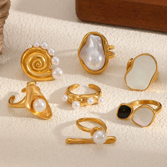Wholesale Stainless Steel Female Geometric Style Ring And Bracelet With Imitation Pearl And 18K Goldplated Electroplating