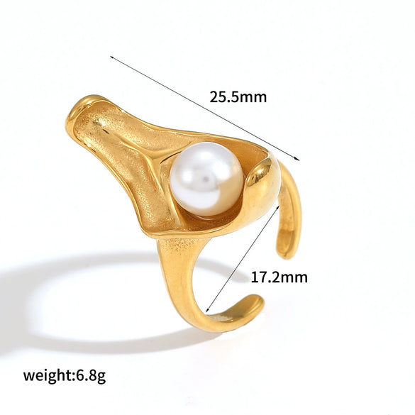 Wholesale Stainless Steel Female Geometric Style Ring And Bracelet With Imitation Pearl And 18K Goldplated Electroplating