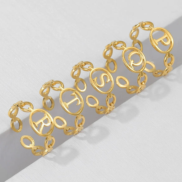 Wholesale Stainless Steel Female Open Adjustable Ring With Letter Pattern Simple Style Electroplated