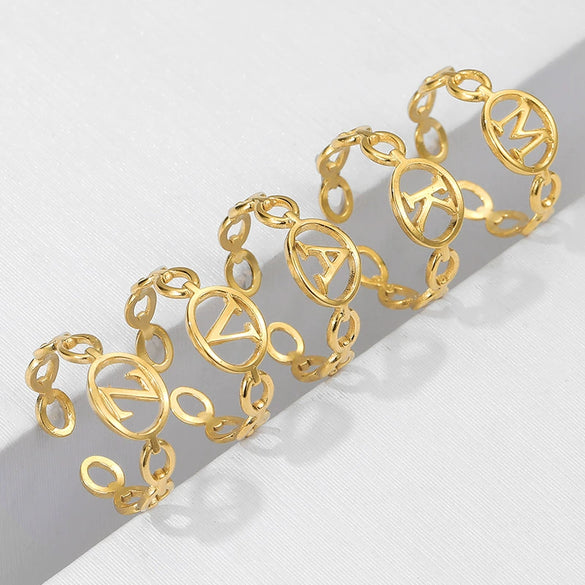 Wholesale Stainless Steel Female Open Adjustable Ring With Letter Pattern Simple Style Electroplated