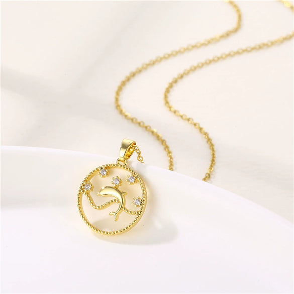 Wholesale Stainless Steel Fishtail Dolphin Pendant Necklace With Mixed Gem Inlay And Electroplating