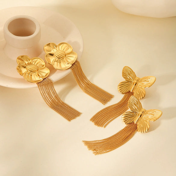 Wholesale Stainless Steel Flower And Insect Tassel Earrings For Women With Electroplating Treatment