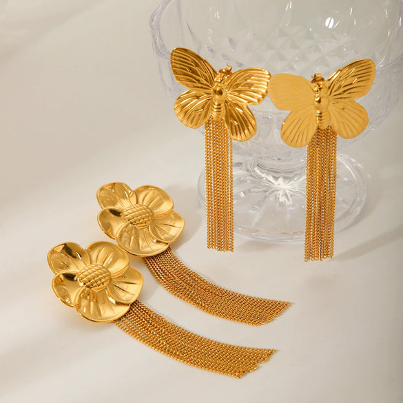 Wholesale Stainless Steel Flower And Insect Tassel Earrings For Women With Electroplating Treatment